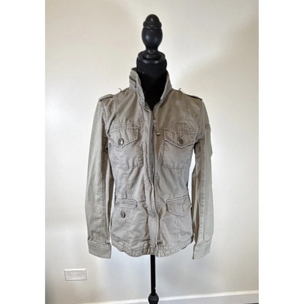 Vintage ABERCROMBIE & Fitch Women's Beige Military Jacket Button Front Pockets